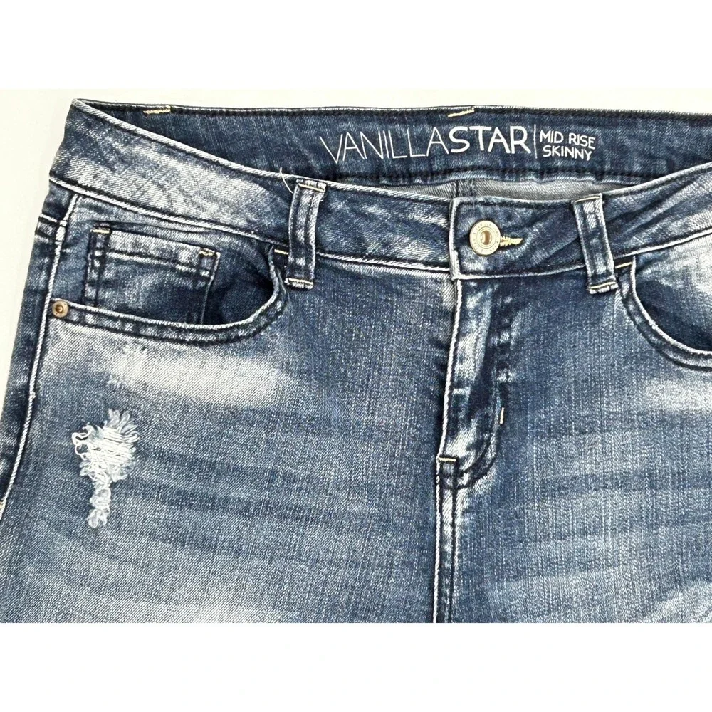 Vanilla Star Mid Rise Skinny Distressed Jeans Women's Blue Denim Size 11 Y2K 90s